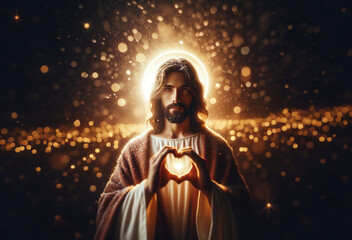 Jesus Christ displaying Love Heart Hand Sign, Peace at Christmas Time Concept, Jesus is Light in the Dark - obrazy, fototapety, plakaty