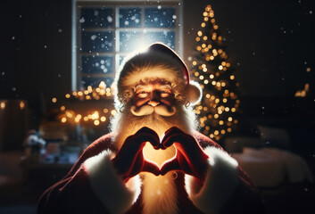 Santa Claus Displaying Love Heart Hand Sign, Peace at Christmas Time Concept