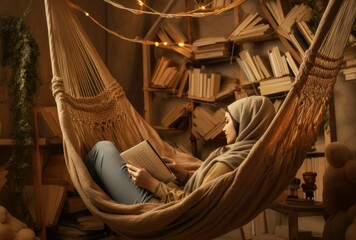Young woman lying in hammock by reading a book