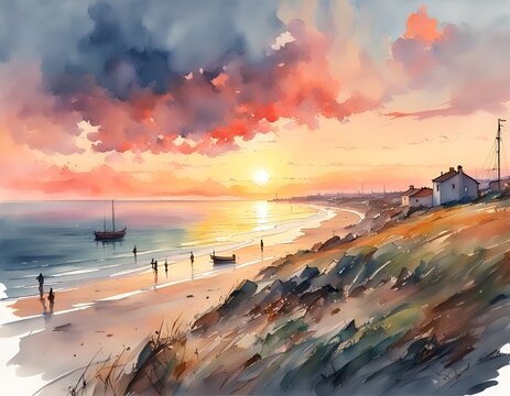 Watercolor painting of the coast of Bretany, France at Sunset