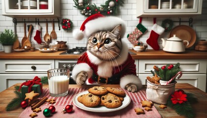 Cute cat wearing Santa costume sitting in Christmas decorated kitchen in front of cookies and milk