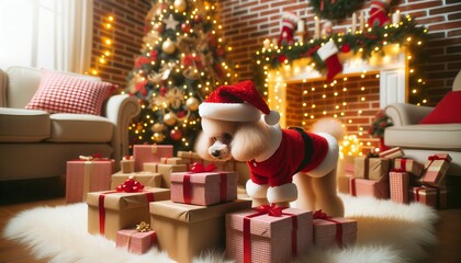 Cute poodle dog wearing Santa Claus hat in front of Christmas tree with gift boxes
