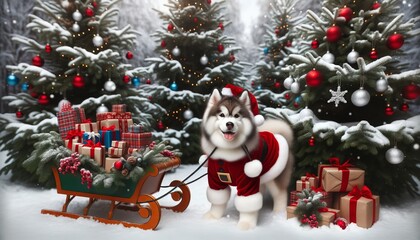 Husky wearing Santa costume with a sled full of Christmas gifts, xmas trees on background. Cute holiday dedign for postcard, background