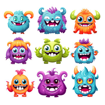 cute monsters in catalog style, 2d vector, digital art, on a transparent background