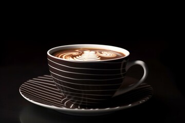 Cappuccino cup with foamy lines on dark brown background. Generative AI
