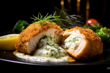 delicious baked chicken kiev with a fluffy crust of butter and herbs. Generative AI - obrazy, fototapety, plakaty