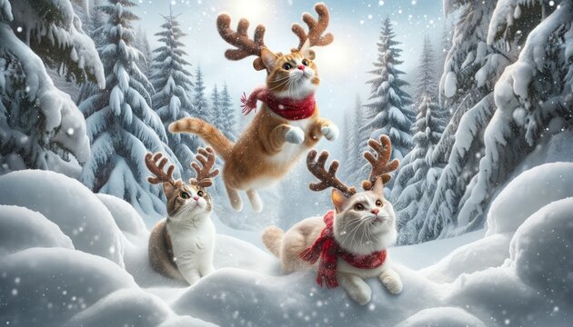 Cute cats with deer antlers in a snowy magical forest. New Year, Christmas concept 