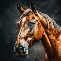 Portrait of a bay horse in the dust on a dark background