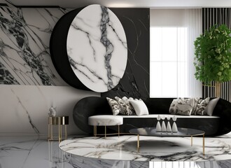 Fashionable large transformer sofa with corner elements in a modern living room with gray walls and large windows. Created with Ai