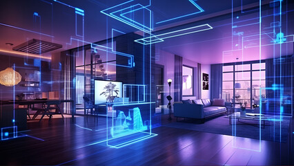 Fototapeta premium Concept Interior illustration of smart home with artificial intelligence concept. Future of home living, Generative AI 