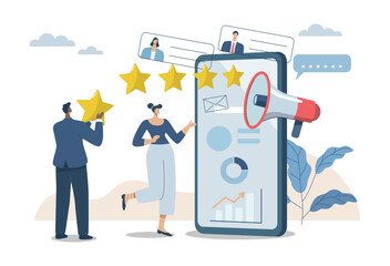 Evaluating in the best credit ratings and customer satisfaction, People's reviews and feedback ideas, Team of business people analyzing reviews or feedback on corporate products in smartphones.