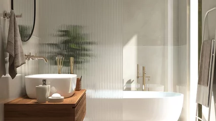 Foto op Canvas Luxury bathroom with bathtub, reeded glass partition, vanity counter, washbasin in sunlight from window on marble wall. Interior design decoration, toiletries product background 3D © Sue Tansirimas