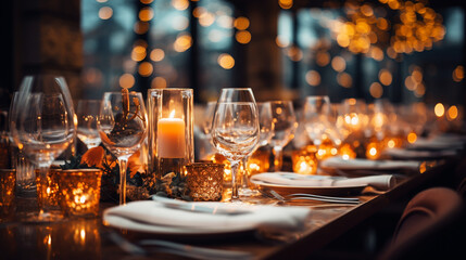 Beautifully organized event - served table banquet ready for guests, decorated table with empty plate, glasses, forks, napkin. - obrazy, fototapety, plakaty