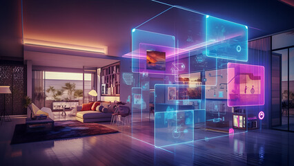 Concept Interior illustration of smart home with artificial intelligence concept. Future of home living, Generative AI	