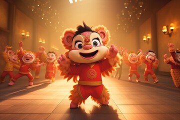 3D rendering of a cartoon image of a Chinese child performing a lion dance to celebrate the Chinese New Year
