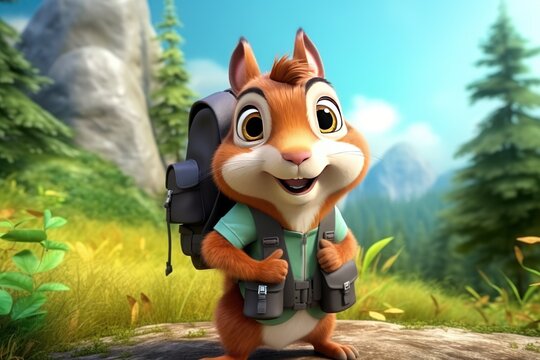 3D rendering of a cute squirrel cartoon image wearing a backpack and holding a compass