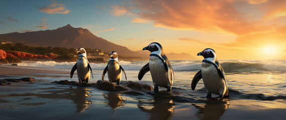 Nahaufnahme von Pinguinen am Kapstadter Strand - obrazy, fototapety, plakaty