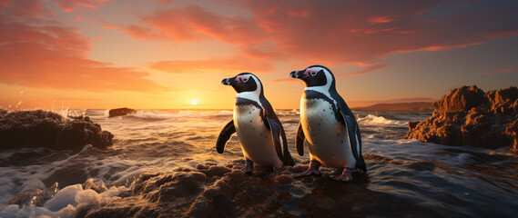 Pinguine am Kapstadt Strand bei Sonnenuntergang - obrazy, fototapety, plakaty