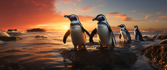 Pinguinkolonie bei Sonnenuntergang in Kapstadt - obrazy, fototapety, plakaty