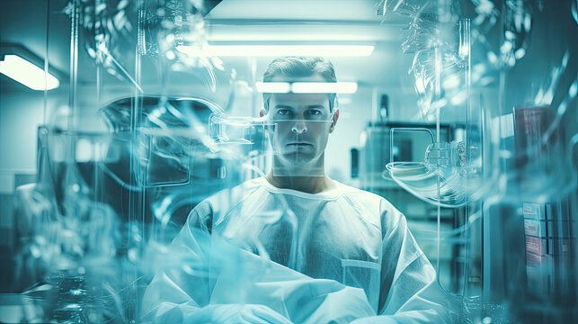 Conceptual of medical workers in protective clothing and masks working in modern hospital. Double exposure