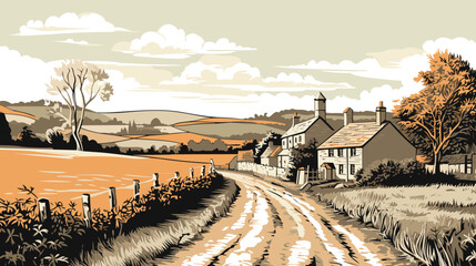 Classic English Countryside Idyllic Rural Landscape vector in engraving style - obrazy, fototapety, plakaty
