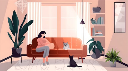 brunette woman sit on the chair with a cat, cozy and beige living room