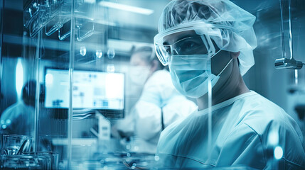 Conceptual of medical workers in protective clothing and masks working in modern hospital. Double exposure