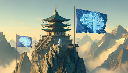 High atop a mountain peak, a temple stands where monks, both human and robotic, train and meditate - obrazy, fototapety, plakaty