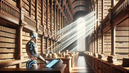 An ancient library setting, with tall wooden shelves filled with scrolls and books. Among the aisles, humanoid robots scan and absorb knowledge using beams of light, illustrating AGI's thirst for know - obrazy, fototapety, plakaty
