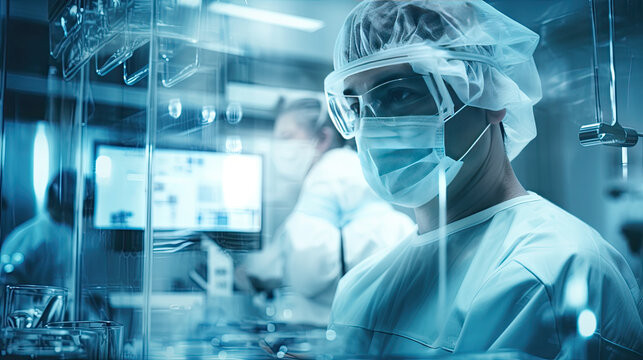 Conceptual of medical workers in protective clothing and masks working in modern hospital. Double exposure