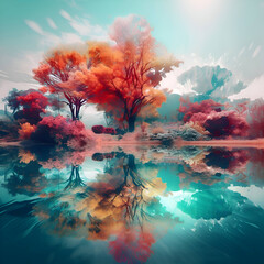 Autumn landscape with a lake and trees. Digital art painting.