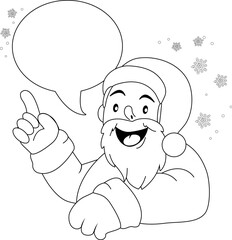 Santa Claus with speech bubble. Vector black and white coloring page.