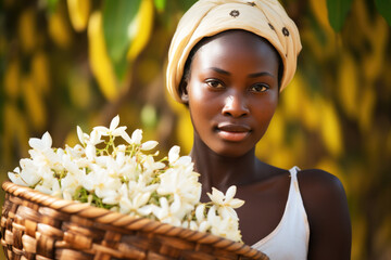 Young African woman holding a basket with vanilla flowers