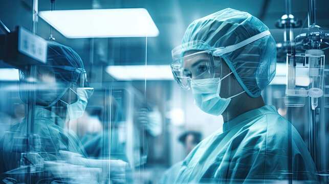 Conceptual of medical workers in protective clothing and masks working in modern hospital. Double exposure