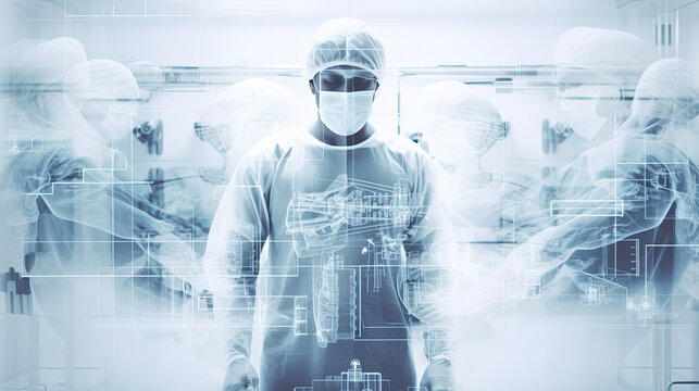 Conceptual of medical workers in protective clothing and masks working in modern hospital. Double exposure