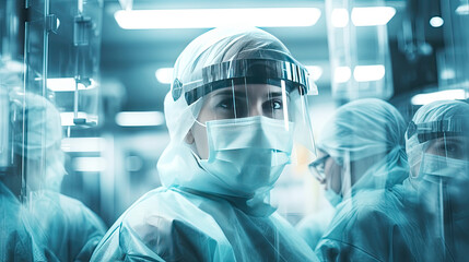 Conceptual of medical workers in protective clothing and masks working in modern hospital. Double exposure