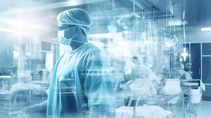 Conceptual of medical workers in protective clothing and masks working in modern hospital. Double exposure