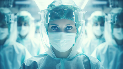 Conceptual of medical workers in protective clothing and masks working in modern hospital. Double exposure