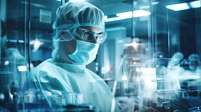 Conceptual of medical workers in protective clothing and masks working in modern hospital. Double exposure