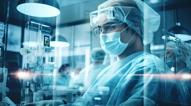 Conceptual of medical workers in protective clothing and masks working in modern hospital. Double exposure