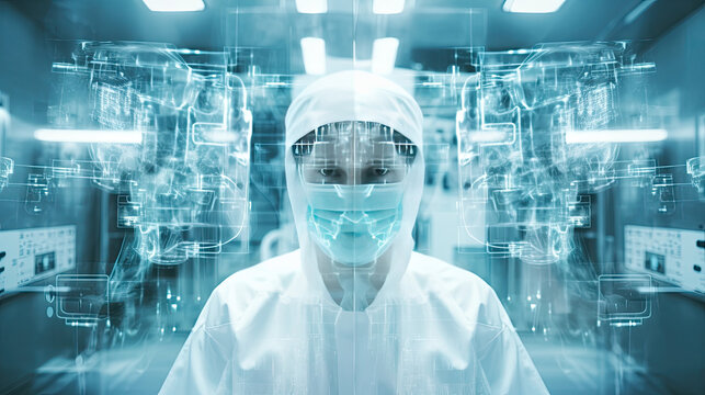 Conceptual of medical workers in protective clothing and masks working in modern hospital. Double exposure