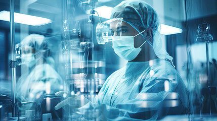 Conceptual of medical workers in protective clothing and masks working in modern hospital. Double exposure
