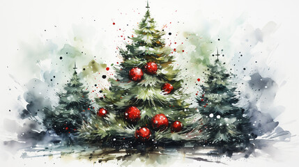 Watercolor Christmas tree illustration. Happy New Year card