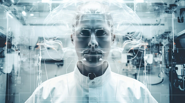 Conceptual of medical workers in protective clothing and masks working in modern hospital. Double exposure