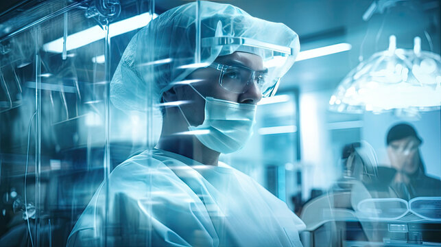 Conceptual of medical workers in protective clothing and masks working in modern hospital. Double exposure