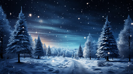 Christmas tree decoration in winter forest with northern lights in the night sky - obrazy, fototapety, plakaty
