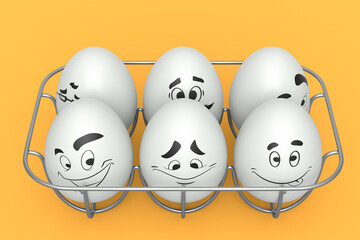 Farm white egg with expressions and funny face in metal wire tray or cardboard
