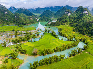 Aerial landscape in Quay Son river, Trung Khanh, Cao Bang, Vietnam with nature, green rice fields...