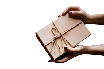 Female hands hold gift box in PNG isolated on transparent background