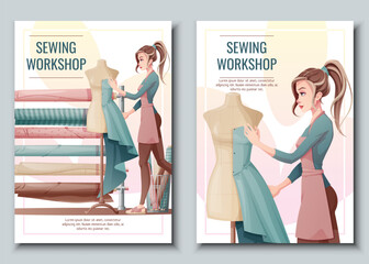 Set of Flyer design with seamstress. Banner poster with a girl creating clothes on a mannequin. Work in a sewing workshop, atelier, tailoring courses.